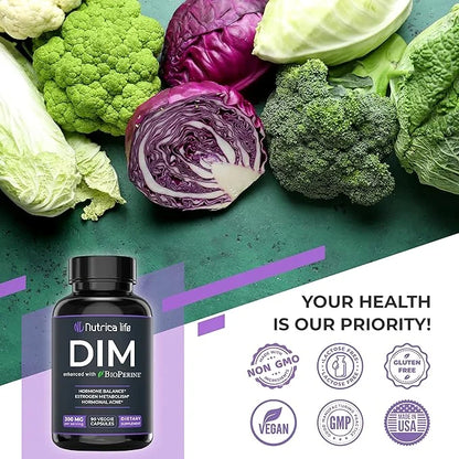 DIM Supplement 300mg - Diindolylmethane with Broccoli & BioPerine - Hormone Balance Support for Women & Men, Estrogen Meta...