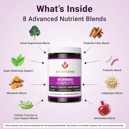 ACTIVATEDYOU Morning Complete Daily Wellness Greens Superfood Drink Mix for Gut Health w/Prebiotics, Probiotics, Antioxida...