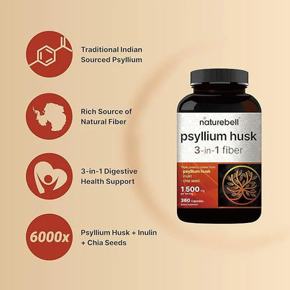 NatureBell Psyllium Husk Capsules 1500mg Per 360 Count,