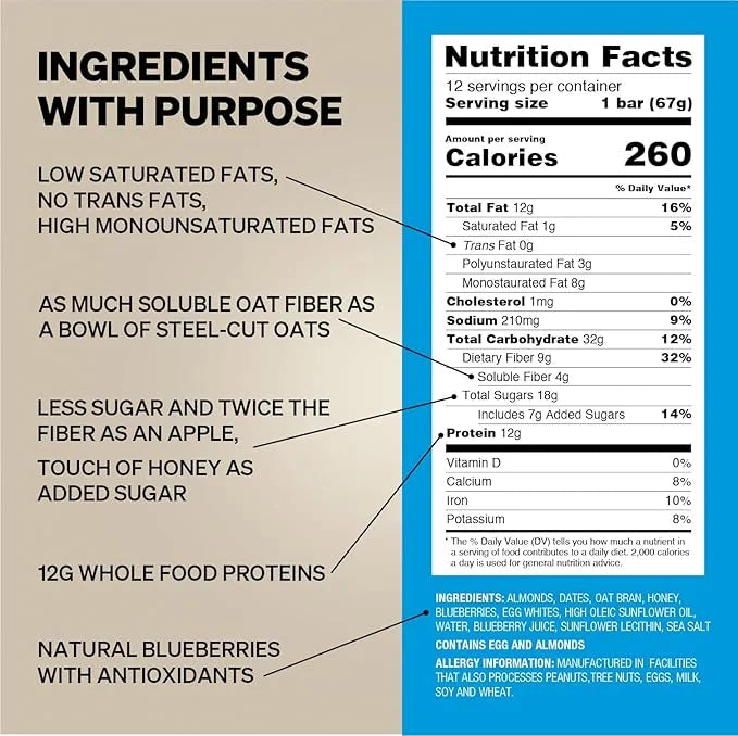Obi Bar Blueberry - Protein and Oat Fiber Bar | All Natural | Subtle and Lightly Sweet Taste | Meal Bar | Heart and Gut He...