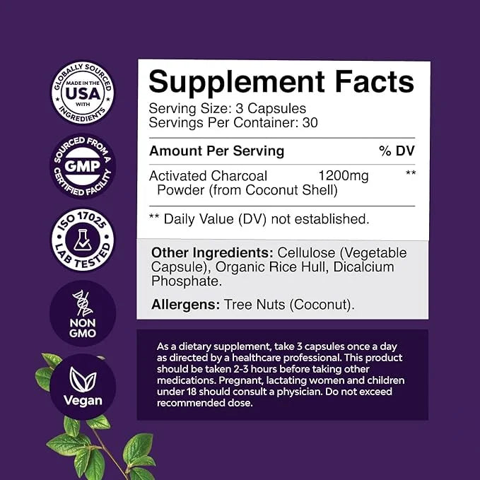 Activated Charcoal Pills Detox & Cleanse - Purifying Coconut Capsules with 1200 mg Per Serving for Bloating Relief - Activ...