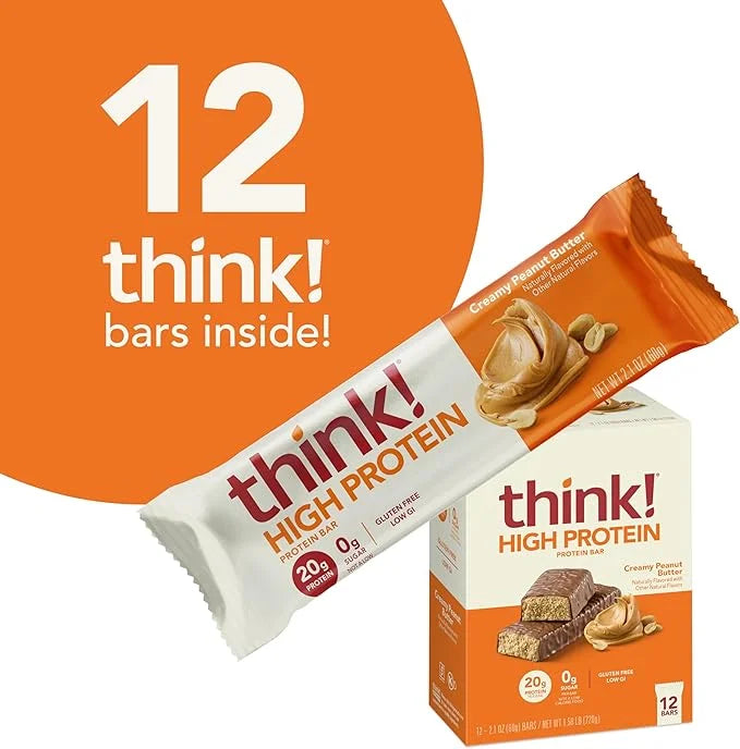think! Protein Bars, High Protein Snacks, Gluten Free, Kosher Friendly, Creamy Peanut Butter, Nutrition Bars, 2.1 Oz per B...