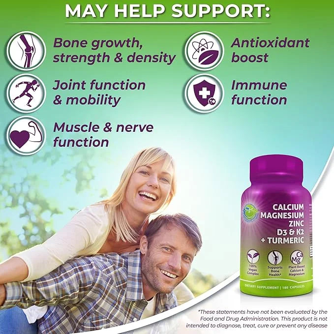 Plant-Based Calcium 500mg (Aquamin) – Vegan Calcium Magnesium Zinc D3 with Vitamin K2 & Organic Turmeric – Enhanced Bone a...