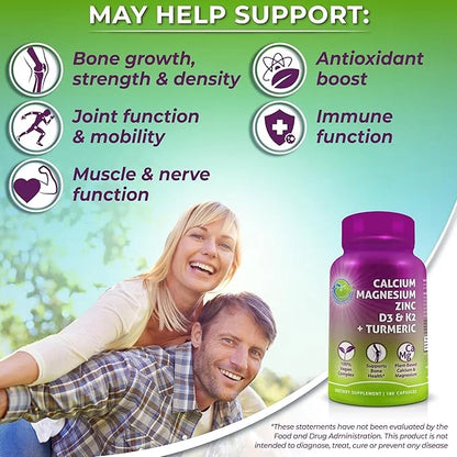 Plant-Based Calcium 500mg (Aquamin) – Vegan Calcium Magnesium Zinc D3 with Vitamin K2 & Organic Turmeric – Enhanced Bone a...