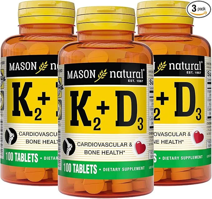 MASON NATURAL Vitamin K2 + D3, 300-Day Supply, with Calcium for Normal Bone and Muscle Support, 100 Tablets (Pack of 3) - ...