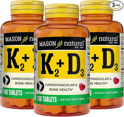 MASON NATURAL Vitamin K2 + D3, 300-Day Supply, with Calcium for Normal Bone and Muscle Support, 100 Tablets (Pack of 3) - ...