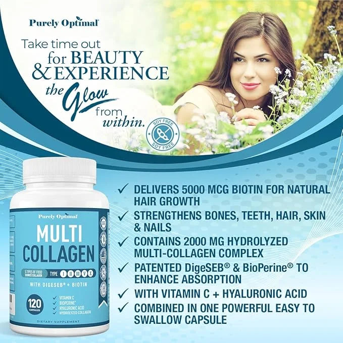 Premium Multi Collagen Peptides (Types I, II, II, V, X) - Collagen Pills for Skin Care, Hair Growth, Nails & Joints - Vita...