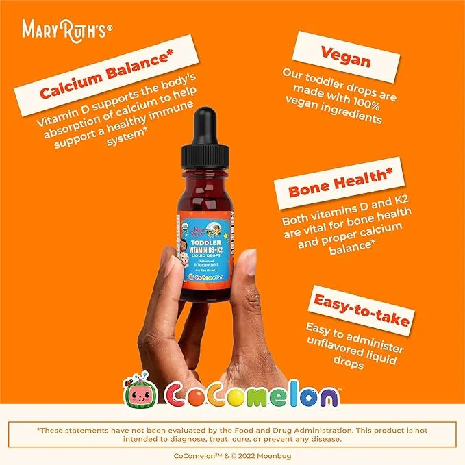MaryRuth Organics CoComelon Vitamin D3 K2 Liquid Drops for Toddlers | Vitamin K2 D3 Supplement for Kids Ages 1-3 | Calcium...