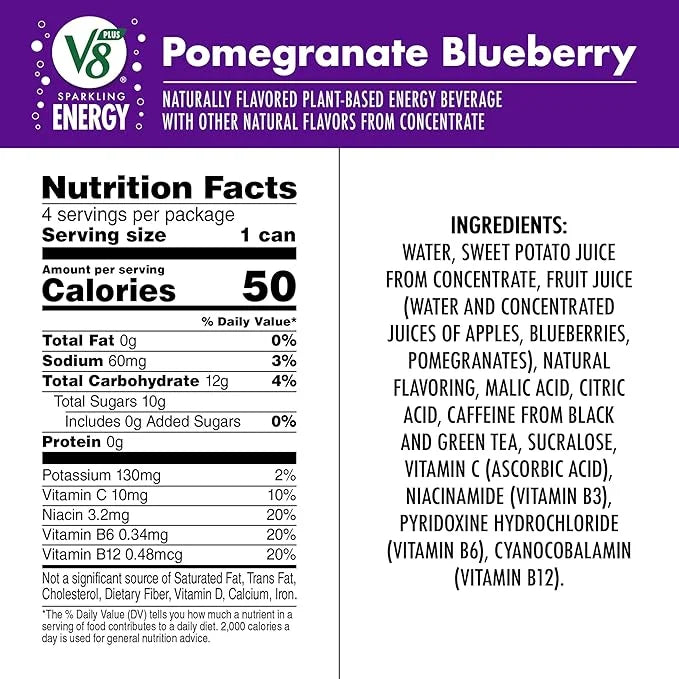 V8 +Energy Sparkling Pomegranate Blueberry Juice Energy Drink, 11.5 fl oz Can (24 Pack) - Product Image