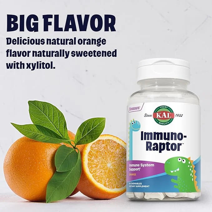 KAL ImmunoRaptor Kids Immune Support Chewables, Vitamin C and Zinc for Healthy Cell Function, Dinosaur Shaped, Orange Flav...