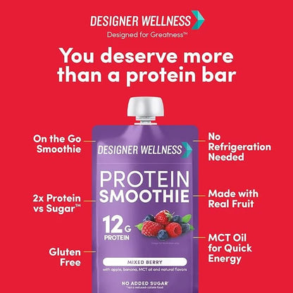 Designer Wellness Protein Smoothie, Real Fruit, 12g Protein, Low Carb, Zero Added Sugar, Gluten-Free, Non-GMO, No Artifici...