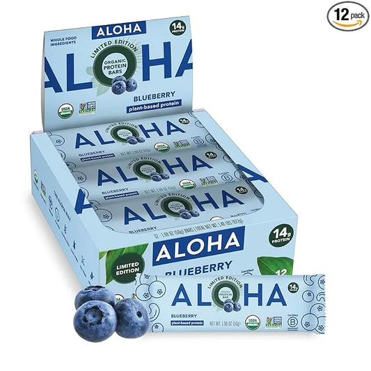 ALOHA Organic Plant Based Protein Bars - Blueberry Bars, Vegan, Low Sugar, Gluten-Free, Low Carb, Non-GMO, No Stevia, No E...